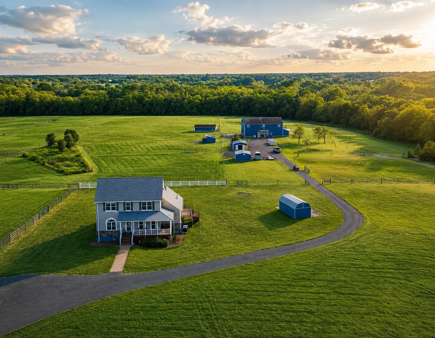 Aerial view of The Blue Barn House and its green pastures
